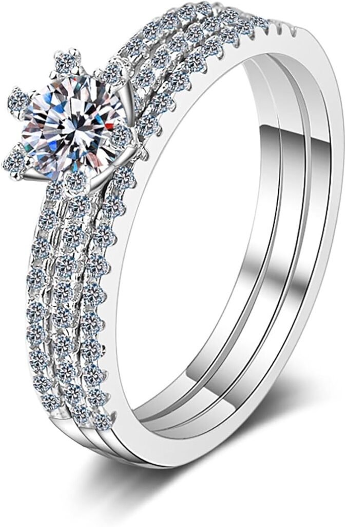 Custom set of 14-carat gold wedding rings with 1-carat diamond for women, VVS1 color D promise ring, custom engraving, an excellent gift for any woman.
