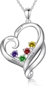 Real 14K Gold Heart Necklace for Mom with Personalized 4 Birthstones Engravable Customized Name Pendant for Women Mother Day's Jewelry
