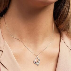 Real 14K Gold Heart Necklace for Mom with Personalized 4 Birthstones Engravable Customized Name Pendant for Women Mother Day's Jewelry