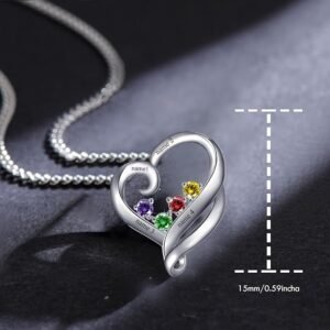 Real 14K Gold Heart Necklace for Mom with Personalized 4 Birthstones Engravable Customized Name Pendant for Women Mother Day's Jewelry